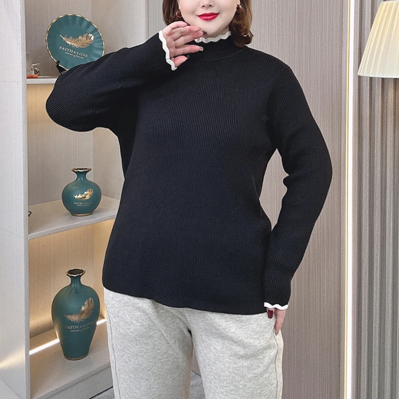 Plus Size Women's Knitted Sweater Autumn Winter Loose Mock Neck Block Color Thick Pullover Jumper 6667