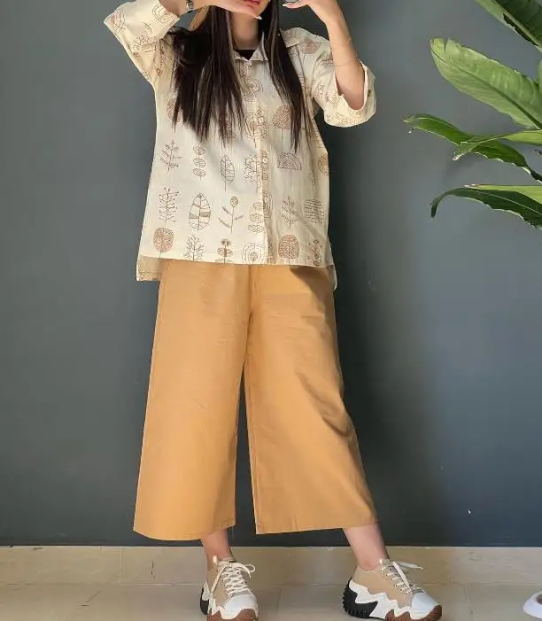 

Y2K Two Piece Set Women Outfit 2023 Summer 2023 Fashion Loose Cotton Hemp Printed Shirt Casual Split Wide Leg Pants Set Clothes