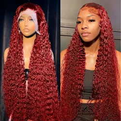 Deep Wave Lace Frontal Wig Human Hair Transparent 99J Burgundy Full Lace Front Wigs 13x4 Red Colored HD Curly Human Hair Wigs