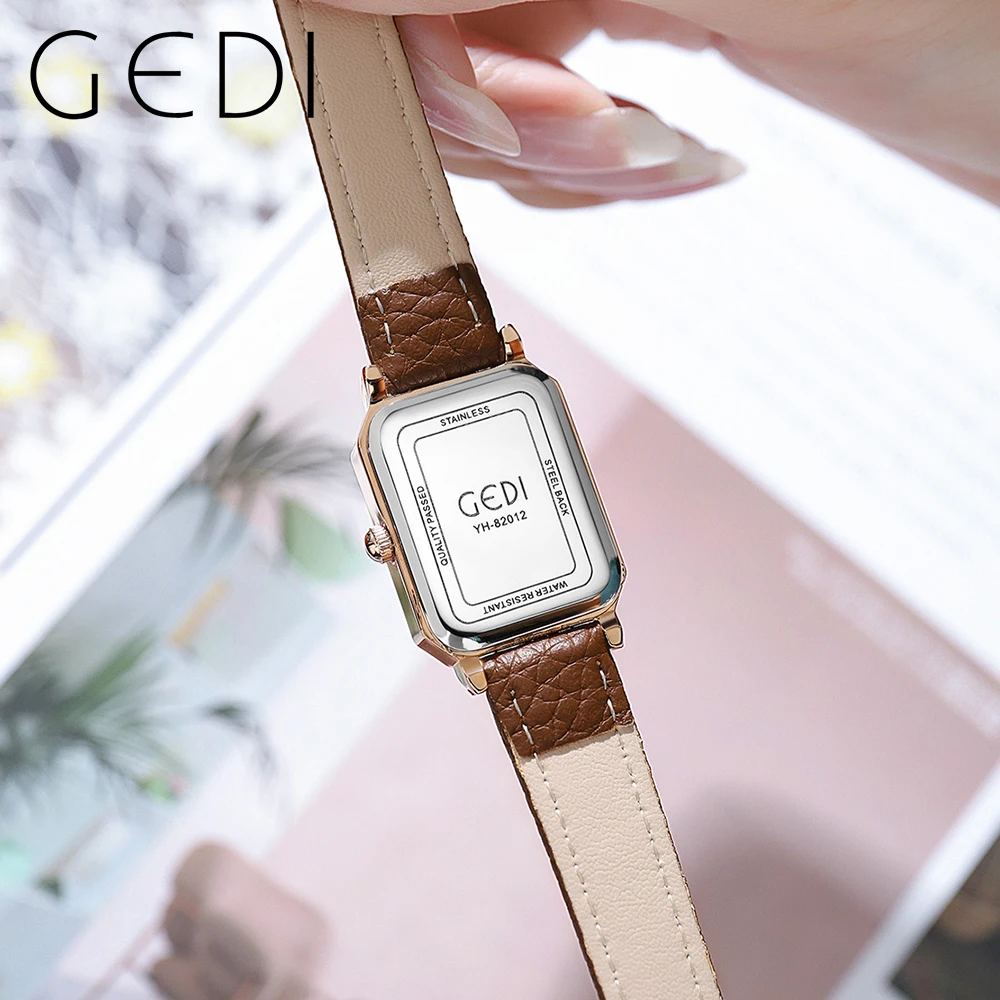 Fashion Gedi Top Brand Waterproof Rectangle Small Women Watches Vintage Coffee Leather Strap Casual Quartz Ladies Wrist Watches 4