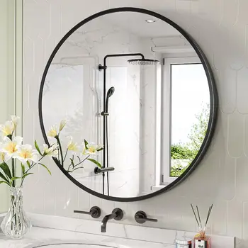 27'' Round Wall Mounted Mirror, Wall Decor Mirrors, Bathroom Bedroom Living Room Glass Vanity Mirror, Black/Golden 2