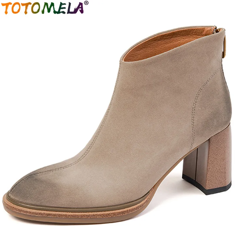 

TOTOMELA 2024 New Arrive Winter Autumn Thick High Heels Dress Shoes Retro Ankle Boots Zipper Sheepskin Women Boots