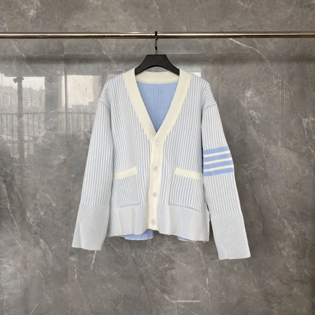 

New TB Cardigan Four-bar Knit Striped Color Contrast Light Blue Pink Male And Female Neutral Thick Needle Casual Preppy Sweater