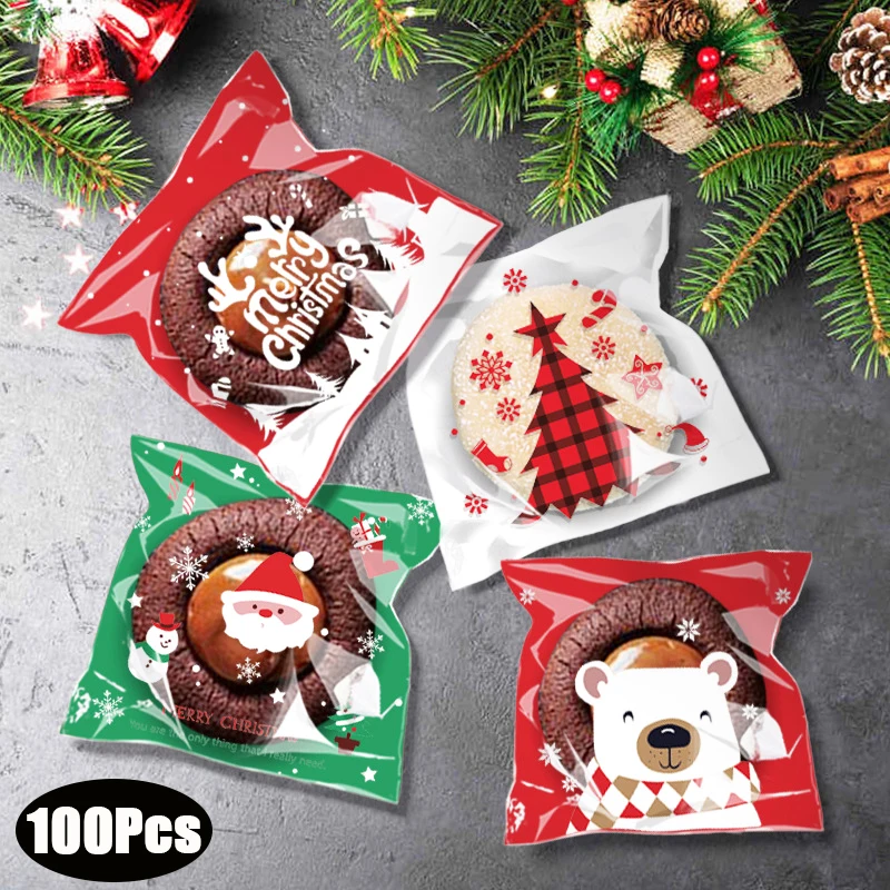 

100Pcs Christmas Gifts Bags Santa DIY Self-Adhesive Candy Packaging Bags Biscuit Baking Bag For Navidad Party Christmas Supplies