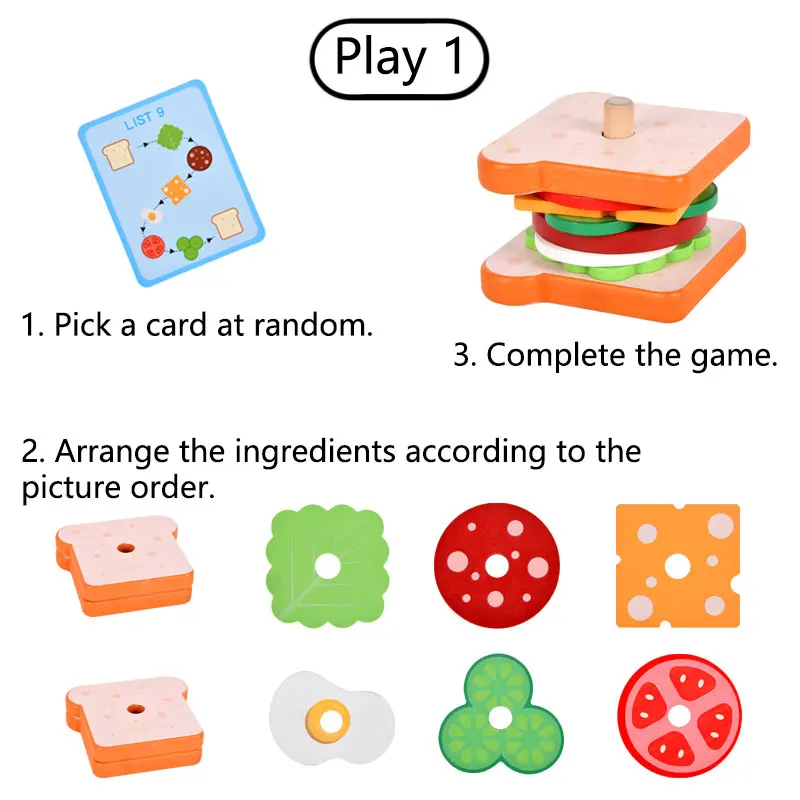 Montessori Pretend Food Matching Wooden Toys Simulation Hamburg DIY Colors Shape Matching Sensory Board Game Educational Toys 4