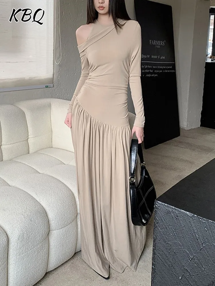 

KBQ Patchwork Folds Solid Dresses For Women Round Neck Off Shoulder Long Sleeve High Waist Slimming Dress Female Fashion Clothes
