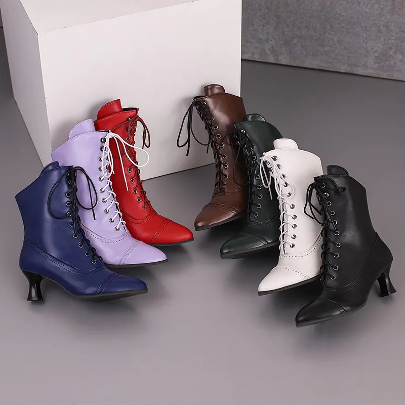 

Roman Style Kitten Heels Booties For Women 2023 New Arrival Cross Tied Ankle Boots Pointed Toe Lace Up Brogue Shoes Plus Size 48