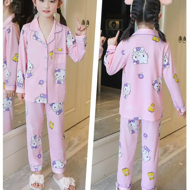 

Пижама Hello Kitty Kawaii Sanrio Kuromi для девочек, аниме, с сердечками, с длинным рукавом, хлопковая Новинка 2023, комплект домашней одежды для больших мальчиков