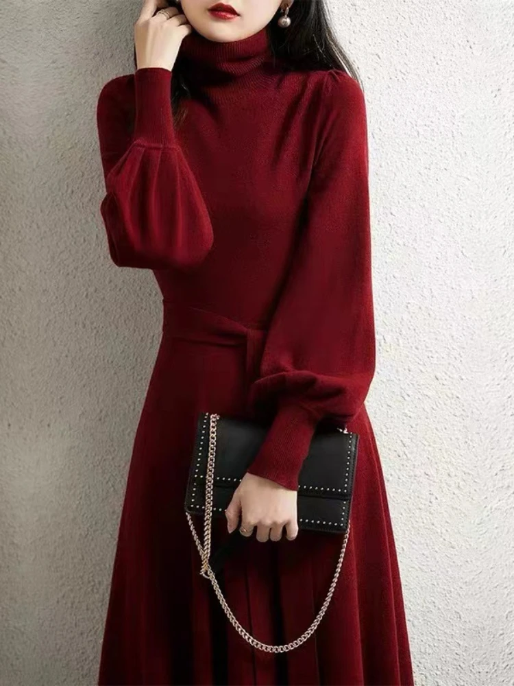 

Women Autumn and winter new style fashion elegance temperament goddess fan high collar waist knitting dress