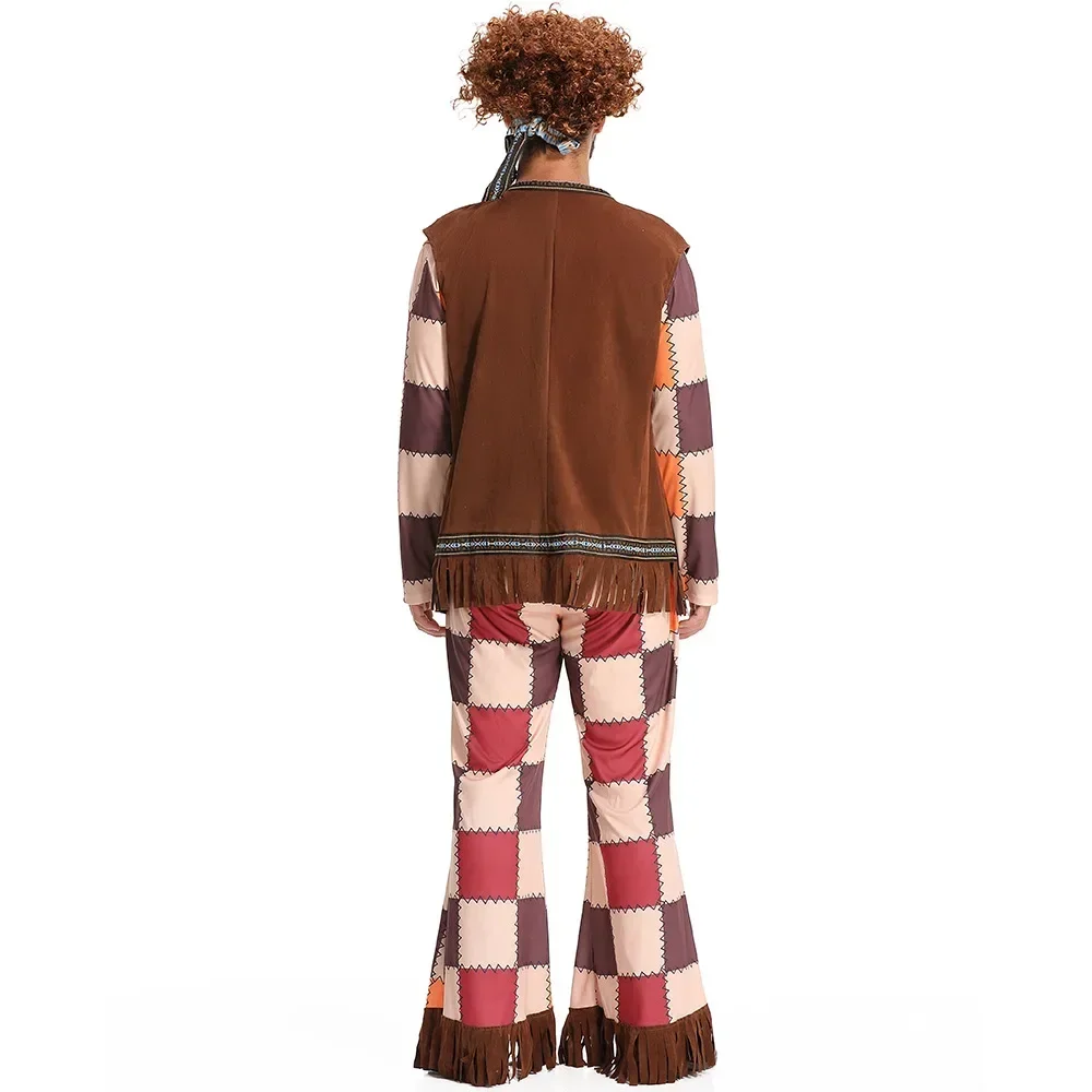 Vintage Disco Mädchen Outfits Adult Men Halloween Hippie Costume Fringe Vest Flared Pants Carnival Party Masquerade Fancy Outfit