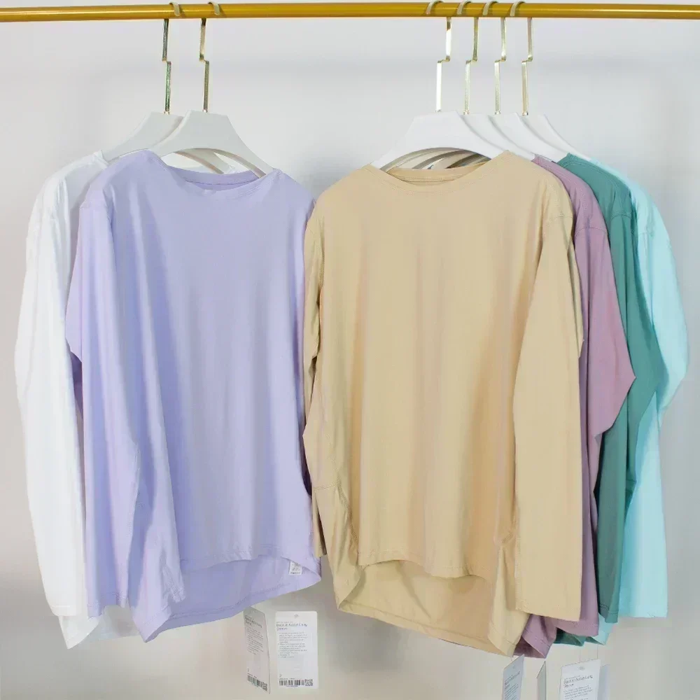 Lemon Women Summer Breathable Comfortable Sports Solid Color Round Neck Long Sleeve Gym Running Fitness Dance Loose Yoga Top
