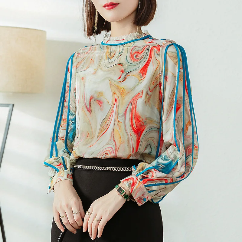 

Women's Blouses and Tops Silk Floral Printed Office Formal Casual Shirts Plus Large Size Spring Summer Sexy Retro Mulberry