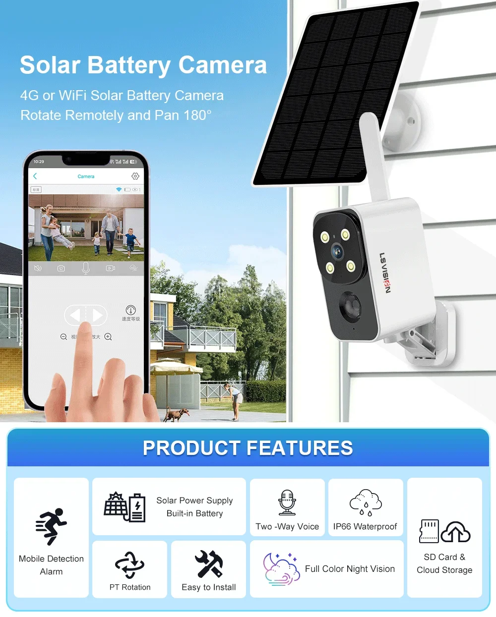 4MP Wifi Camera Solar Outdoor 180°Pan Rotation 4G SIM Security Cameras PIR Human
