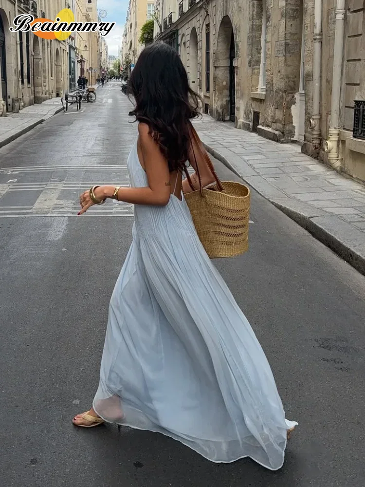 Casual Women's Blue Pleated Sling Long Dress Elegant Sleeveless Backless  Off Shoulder Slim Fit Dresses Beach Party Women's Robe - AliExpress  200000345