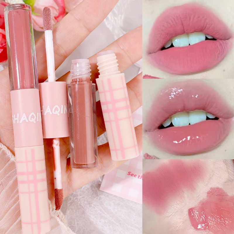 Double Head Lip Gloss Mirror Matte Velvet Liquid Lipstick Waterproof Long Lasting Not Stick Cup Lip Glaze Trucco Coreano Cosmetico