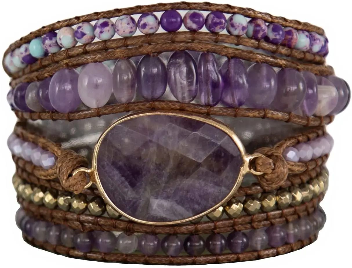 

Jewellery Gifts for Women- Boho Leather Handmade Natural Stone Crystal Bead Wrap Bracelets Collection