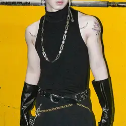 INCERUN Men Tank Tops Solid Color Turtleneck Sleeveless Fitness Male Vests Summer 2023 Streetwear Fashion Men Clothing S-3XL