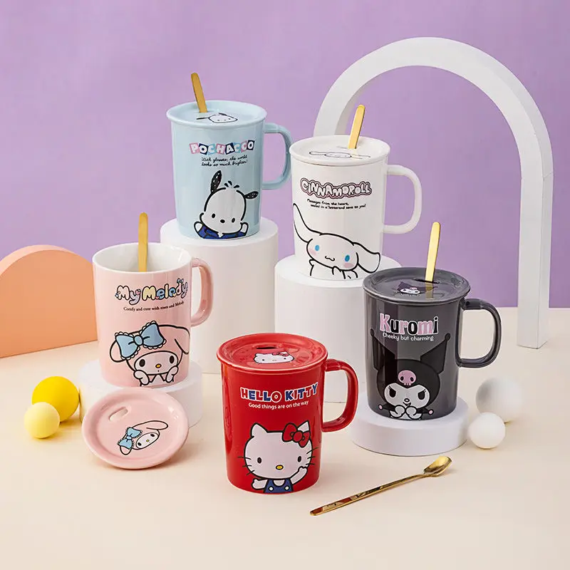 

New Sanrio Hello Kitty Kuromi Pochacco Cinnamoroll Melody Cup Cute Cartoon Anime Home Office Covered Spoon Milk Birthday Gifts