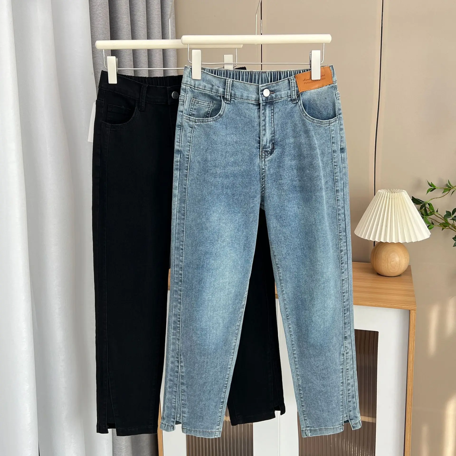 Women's Split Leg Opening Drainpipe Jeans, Casual Ankle Length Denim Pants, Straight Leg, Plus Size, Spring, Autumn, 100kg, 1649