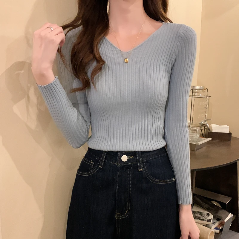 yellow sweater Basic V-Neck Sweater Women Spring Autumn Style All-Match Slim Soft Cotton Sweaters Pullovers Korean Long Sleeved Sweater Ladies white sweater Sweaters