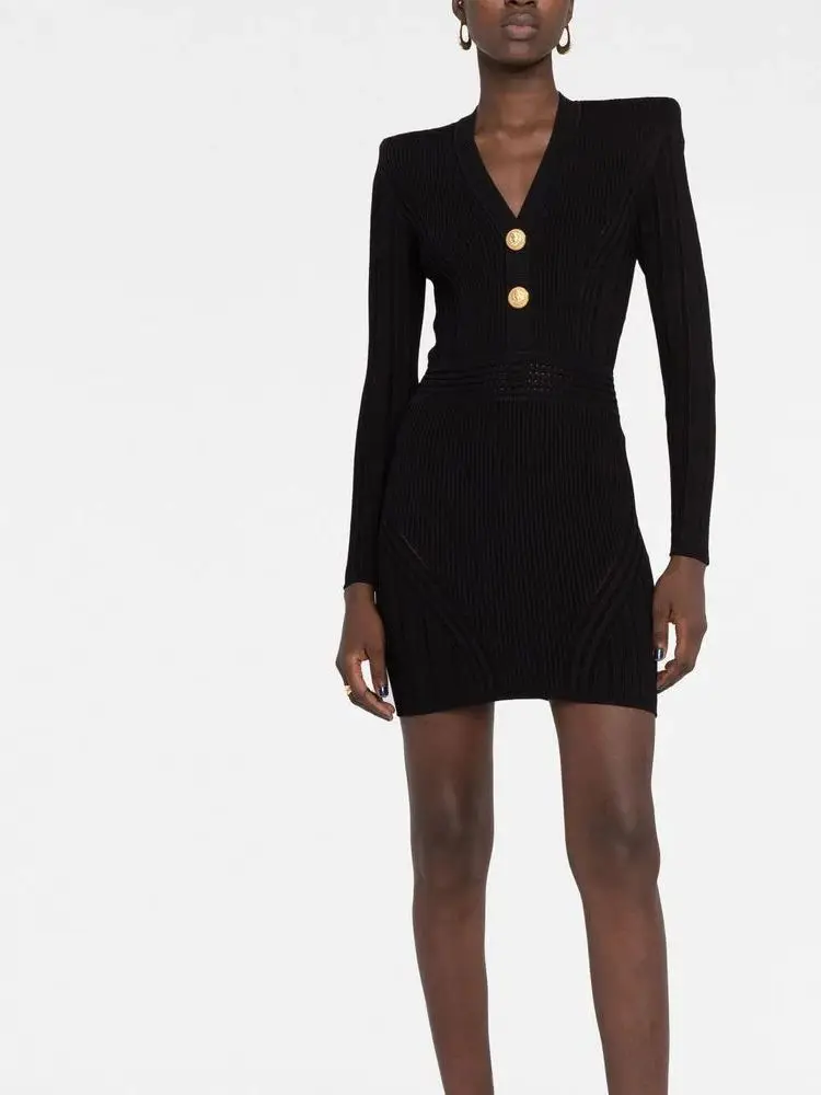 Women Back Zipper Knit Dress Deep V Neck Button Trim Knitwear Lady