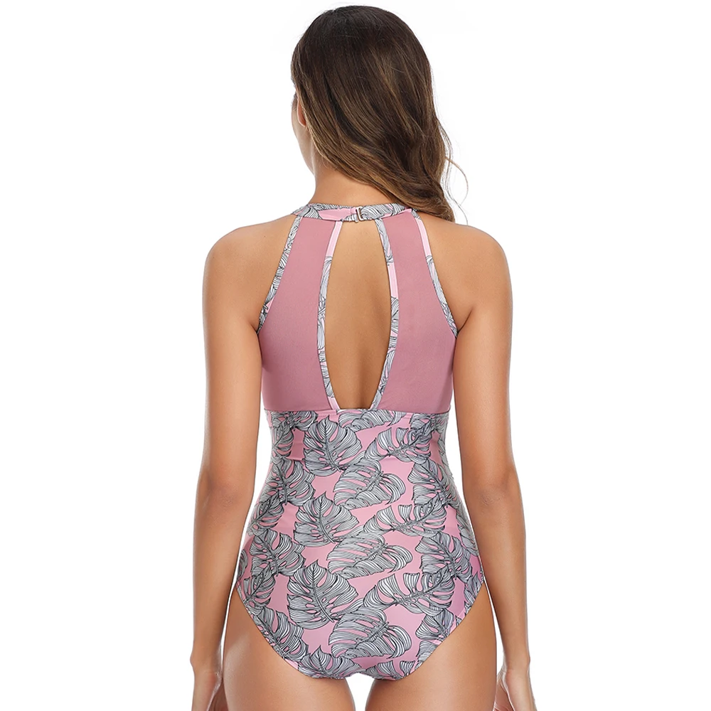 Sexy One Piece Swimwear Women Push Up Backless Monokini Bodysuit Floral Print Mesh Splice Beach Bathing Swimming Suit Plus Size