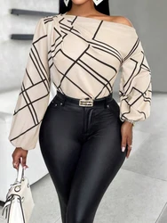 Women's Elegant Striped Print Shirt with Pleated Asymmetric Neckline - XXL (APRICOT)