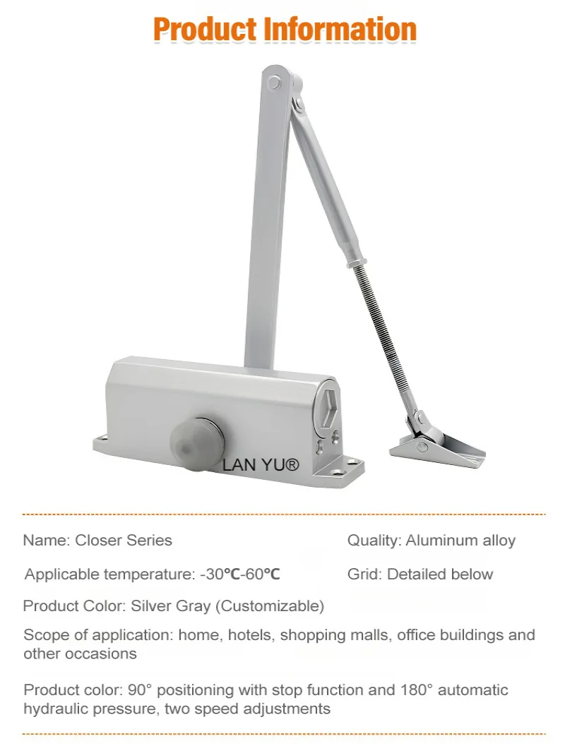 Hydraulic silent buffer aluminum alloy channel automatic door closer Multi-angle adjustment