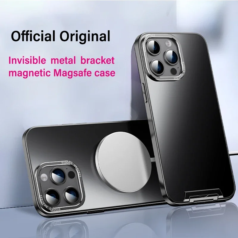 

Магнитный чехол Magsafe для iPhone 15 Pro Max, чехол для телефона, металлический объектив камеры, невидимый кронштейн, подставка, задняя крышка