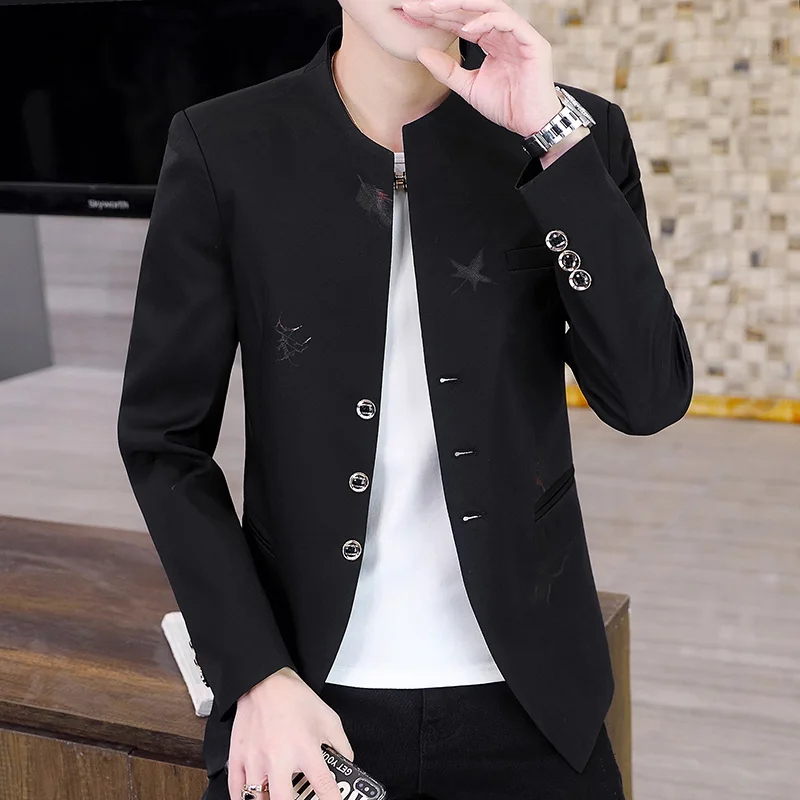 Autumn Feather Print Men Blazers Slim Fit Long Sleeve Collarless Casual Suit Jacket Korean Fashion Business Dress Coats M-4XL
