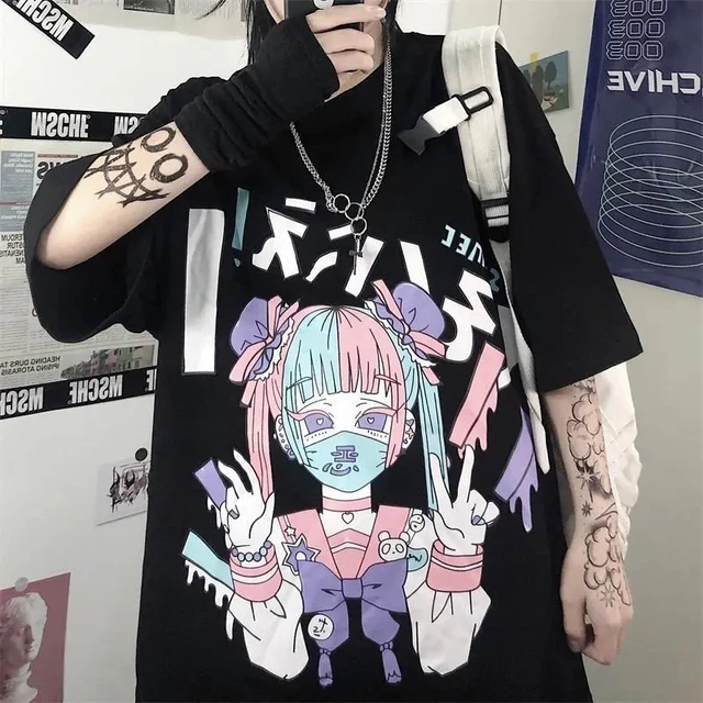 Harajuku feminino roupas góticas pastel, camiseta feminina, camiseta de  manga curta, camiseta coreana, kawaii, roupa de fada gótica, verão