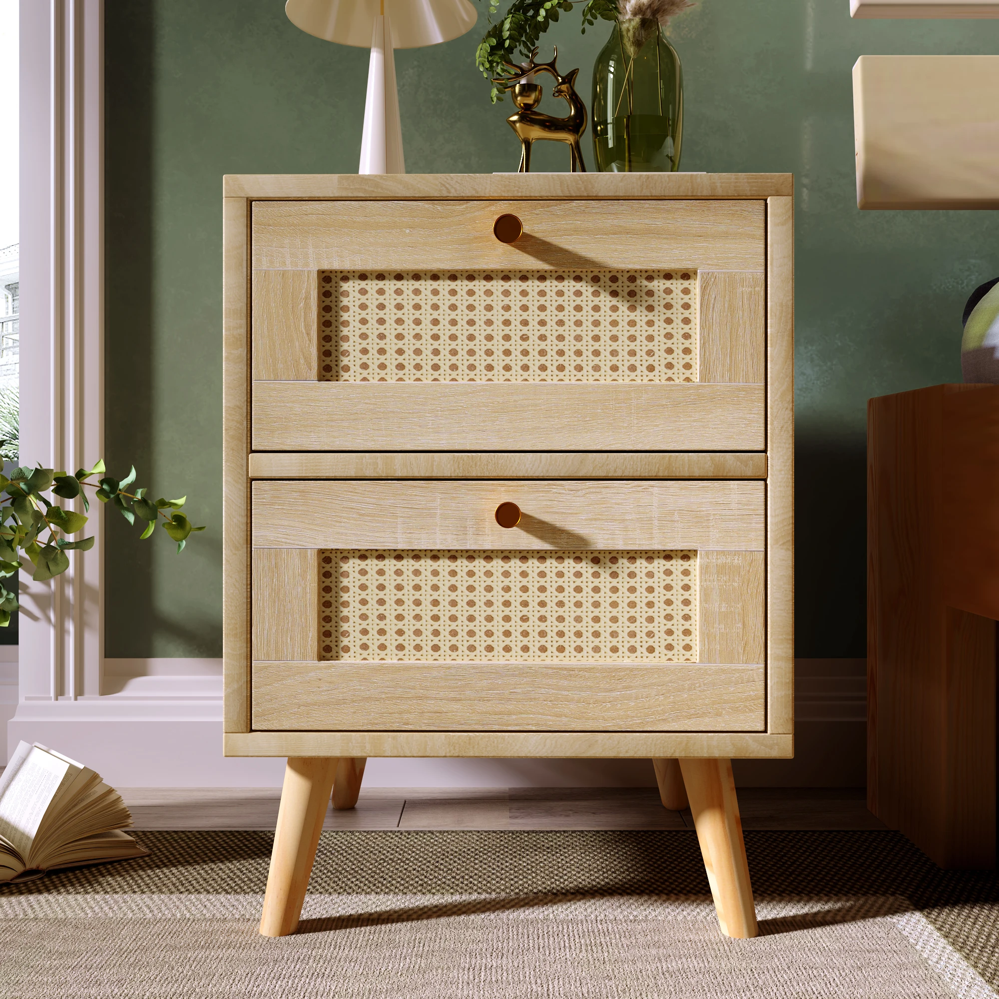 H55/W40/D40cm Natural Oak Rattan Bedside Tables Nightstand Rattan Drawer Sofa Table with 2 drawers Wooden Bedroom Home Furniture