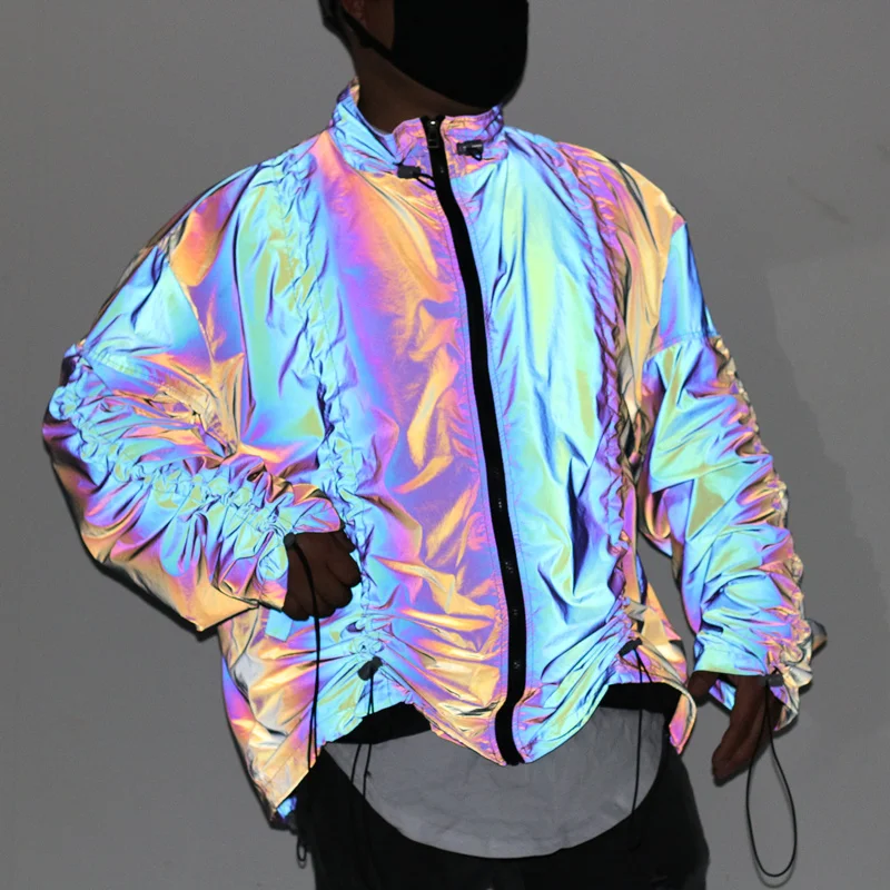 

Autumn Winter Rainbow Reflective Jacket Pleated Multi Drawstrings Design Mens Vintage Hip Hop Oversized Jackets Men Windbreaker
