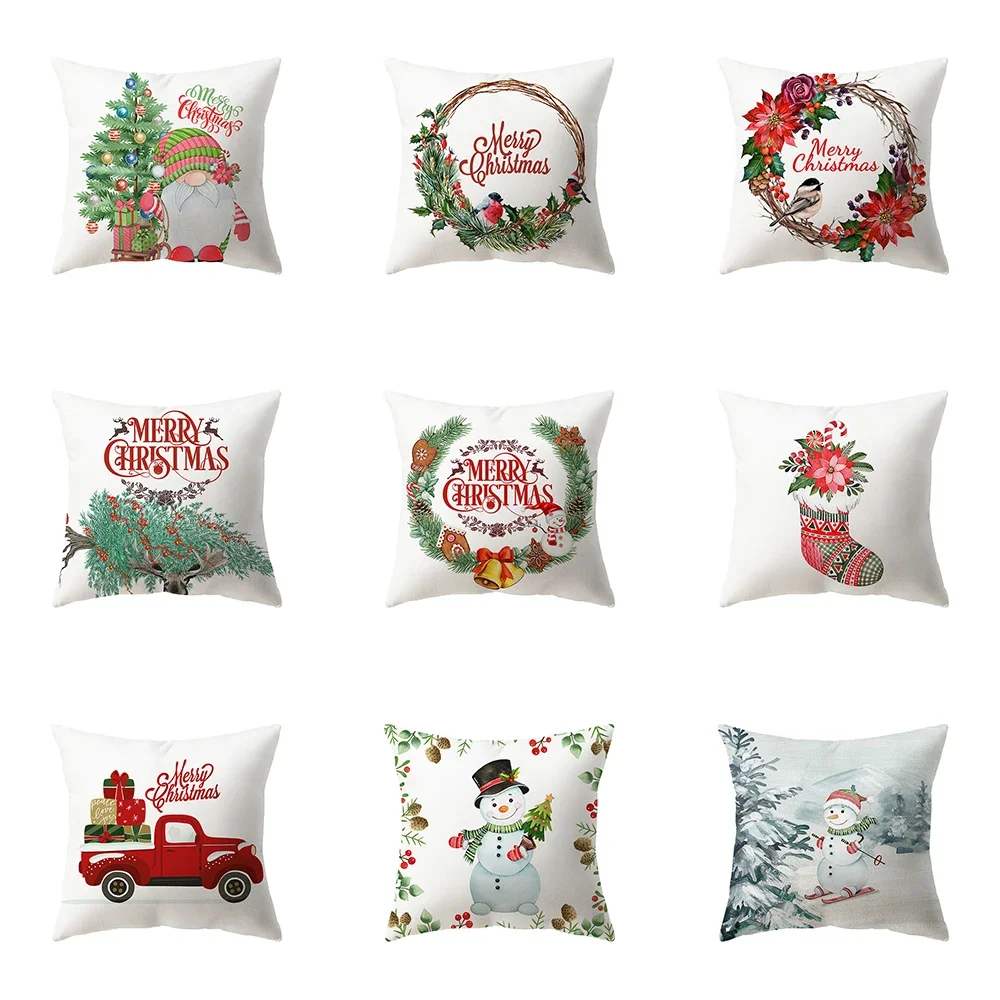 Christmas Theme Snowman Print Pattern Cushion Cover Home Living Room Sofa Decoration Square Polyester Pillow