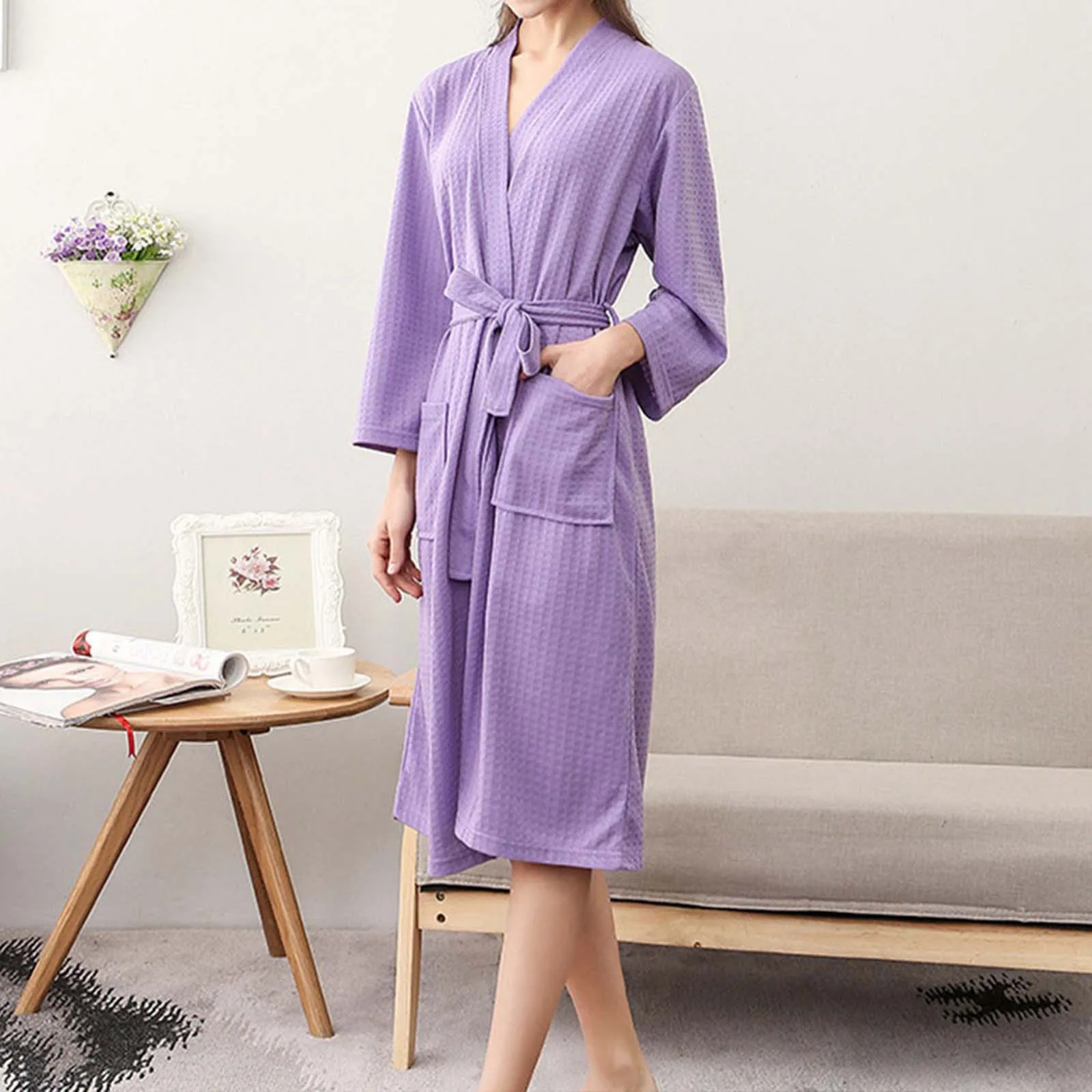 Solid Color Waffle Robe Couple Pajamas Absorbent Quick-Drying Bathrobe Women's Sleepwear Women Lacing Homewear Black Pink XXXl