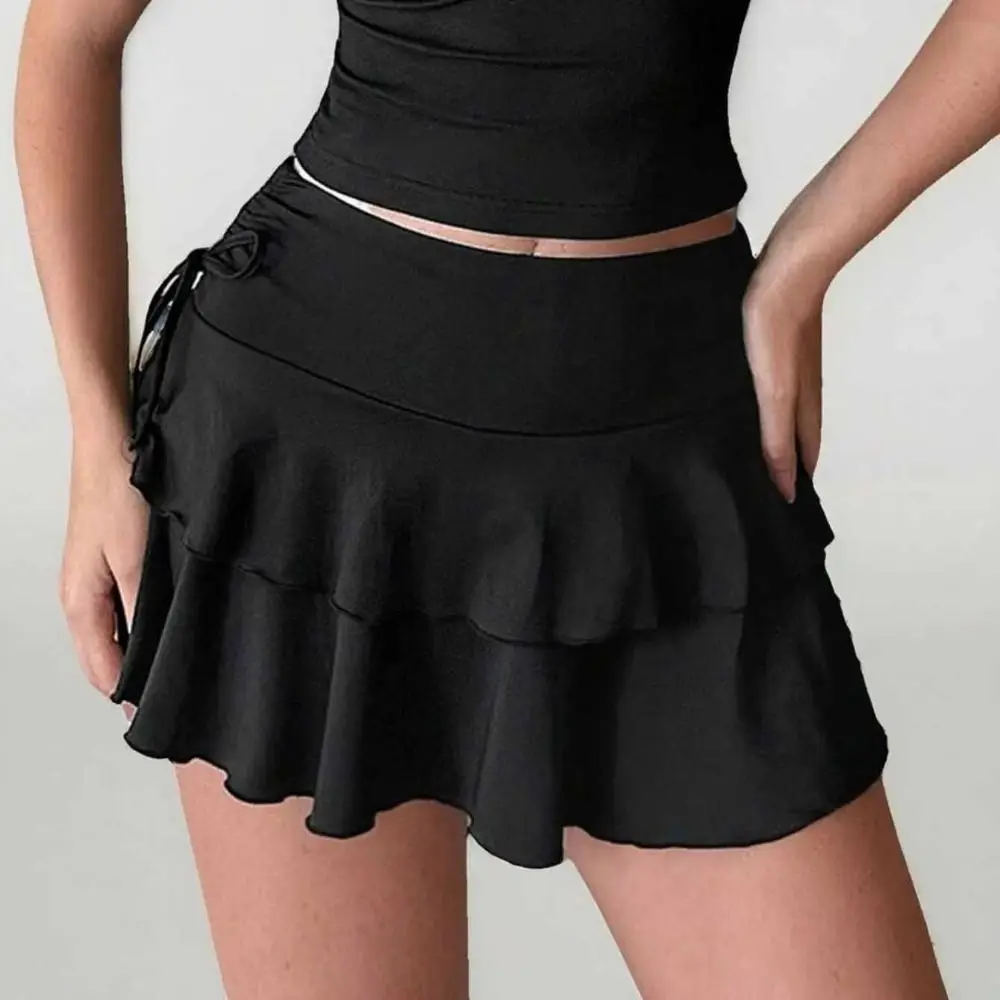 Solid Color Lace Up Girls Short Mini Skirt Ruffle Teens High Waist A-line Skirt Cake Dress Slim Fit Pleated Mini Skirts Lady