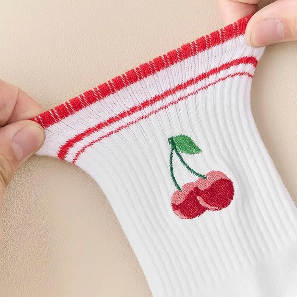 New Cotton Pilates Socks Breathable Sweat-absorbent Cherry Embroidery Socks Harajuku Street Casual Yoga Socks