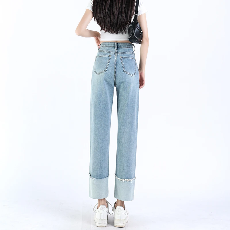 High-quality Denim Pants Loose High Waist Straight Jeans Women Vintage Classic Basic Versatility Trousers Casual Blue Streetwear
