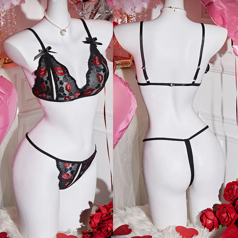 Thin Style G-string Sexy Women 2 Piece Set Floral Embroidery Underwear Sexy Erotic Lingerie Underwear Lenceria Sets
