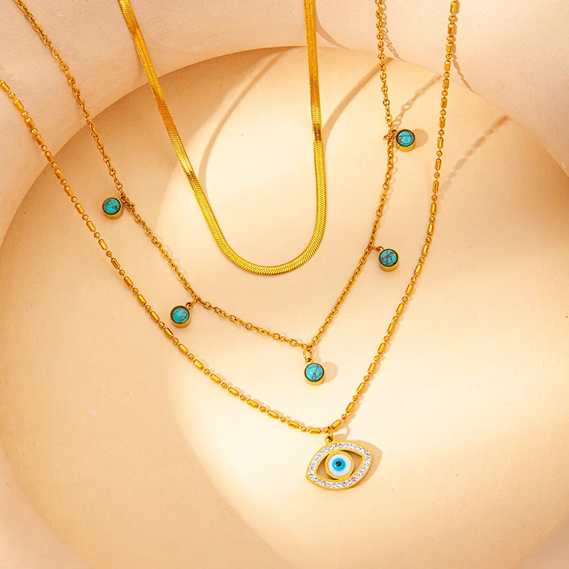Multi-layer Chain Turquoise Turkish Evil Eye Stainless Steel Statement Collar Necklace Fashion Ethnic Style Jewelry for Women 1