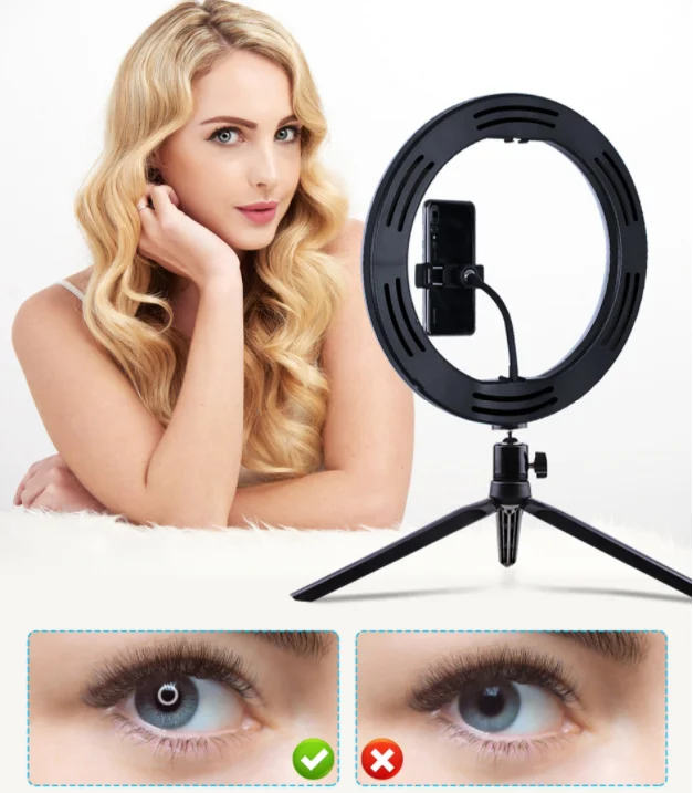 10" Photography Makeup Lamp Mirror LED Selfie Light 260MM Dimmable Make Up Camera Phone Lamp with Table Tripods Phone Hold Stand