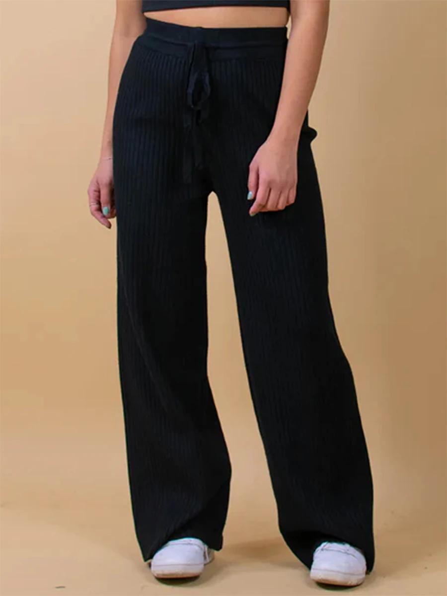 

Женские трикотажные брюки в рубчик с широкими штанинами, повседневный свободный крой, свитер с высокой талией, брюки на шнуровке с эластичным поясом, брюки палаццо