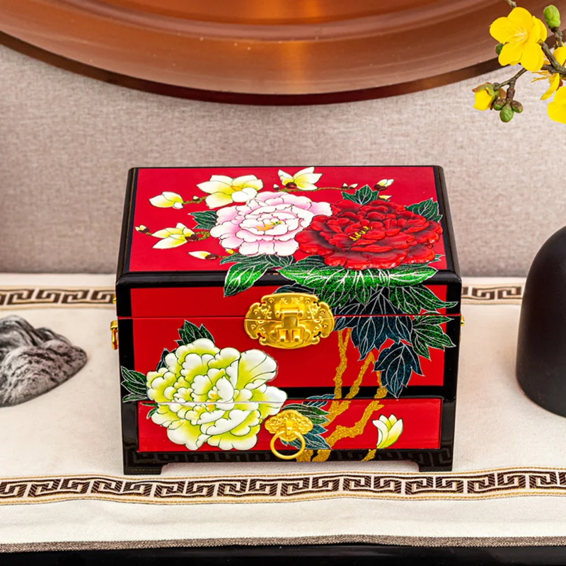 

Jewelry Box Wooden Multi-Layer Large Capacity Handmade Lacquer Vintage Desktop Decoration Storage Wedding Gift Simple Exquisite