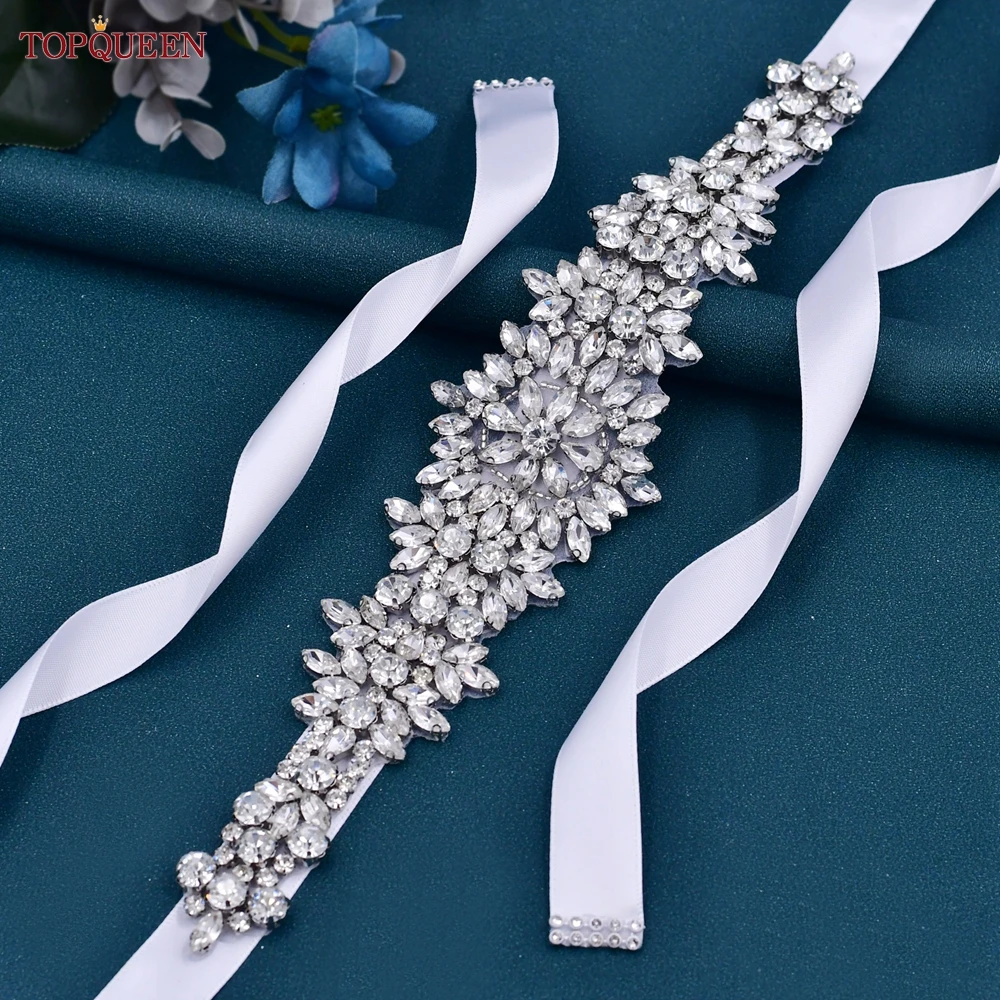 Bridal Waistband Bridal Dress Decoration TOPQUEEN S319 Rhinestones Wedding Belts Bride Dress Decorative Sash With Stones Jeweled Satin Ribbons Silver Gown Appliques
