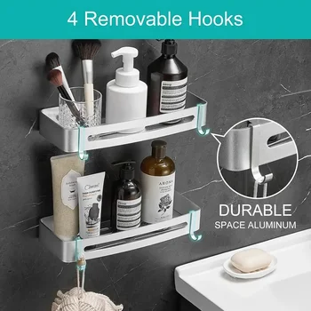 2 Piece No Drill Wall Mounted Bathroom Corner Shelf Stainless Steel Rack with 4 Hooks for Shower and Shampoo 1