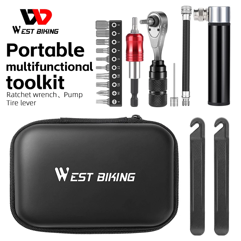 West Biking  YP0719348 Professional Bike Tools Portable Ratchet Wrench kit Tire Lever Mini Pump Multifunction Tools Road Bike MTB