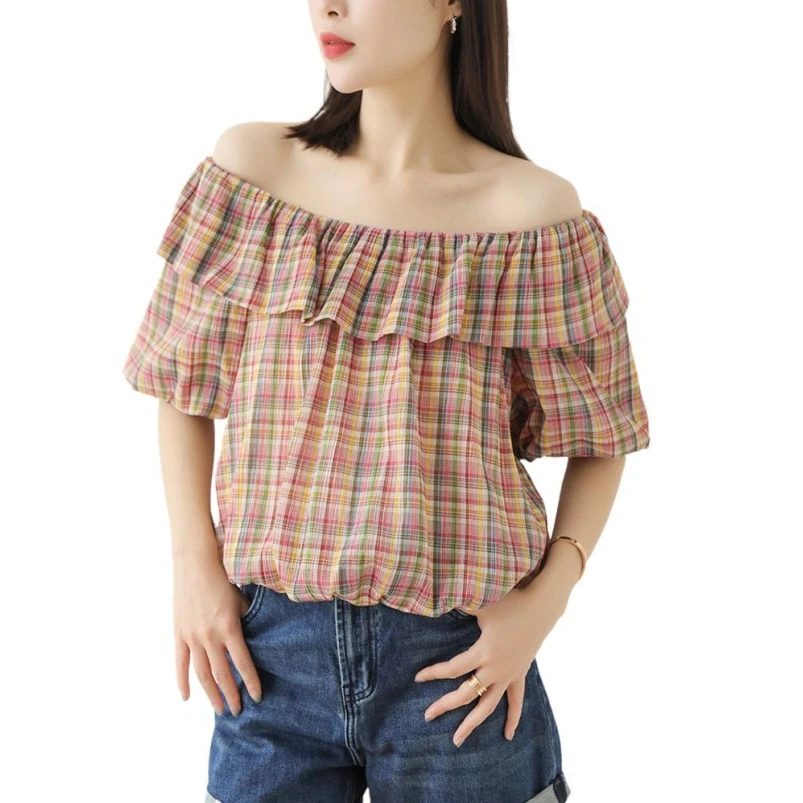 

Summer New Feminine Cotton Vintage Plaid Sexy Cropped Tops Off Shoulder Half Sleeve High Street Mori Girl Style Loose Blouses