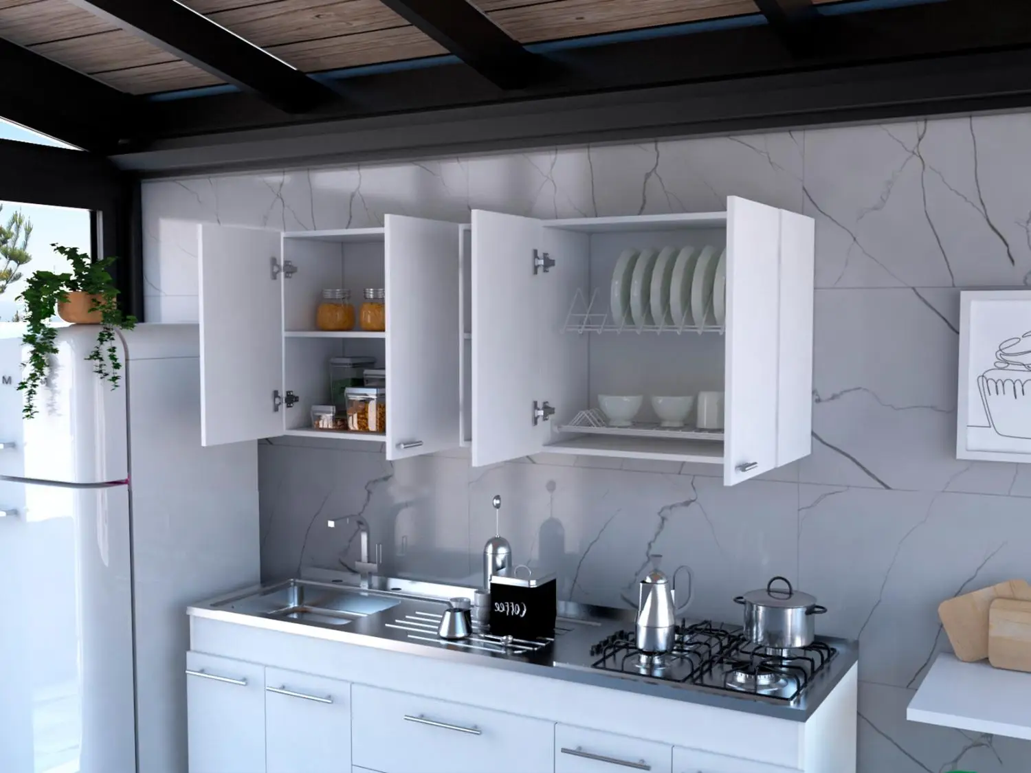 Portofino 150 Wall Cabinet, Double Door, Two External Shelves, Two Interior Shelves White