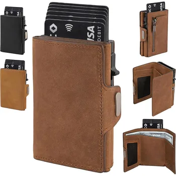 Portafoglio Pop-Up RFID Sottile per Uomo, Porta Carte di Credito Minimalista in Pelle con Scomparto per Contanti e Tasca per Monete, Portafoglio da Viaggio EDC