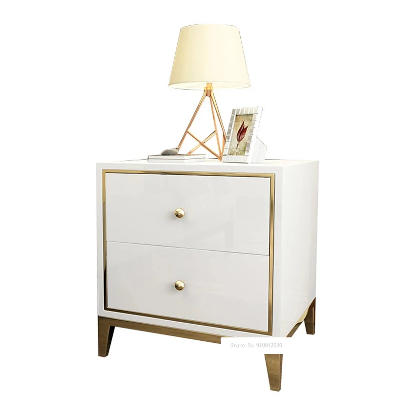 

K02 Post Modern Bedside Cupboard Bedroom Nightstand Wood Night Table Gold-Plating Frame Bedside Locker With Solid Wood Drawer